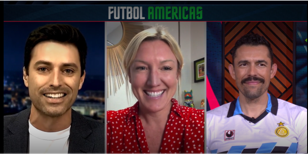 Super League president Amanda Vandervort with ESPN’s Sebastian Salazar and Herculez Gomez on Futbol Americas