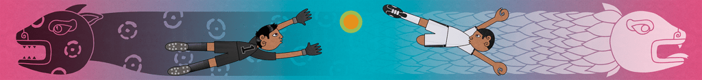 Scarf design featuring a reptile shaded from dark to light, with two soccer players.