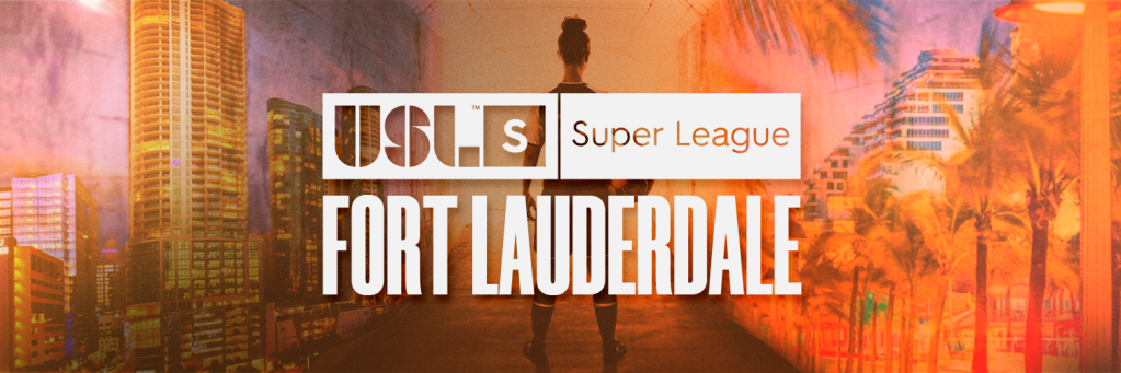 Super League Fort Lauderdale logo overlaid over scenes of downtown Fort Lauderdale